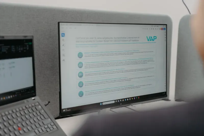 A computer screen showing a presentation titled 'CATCH' with the VAP logo in an office.