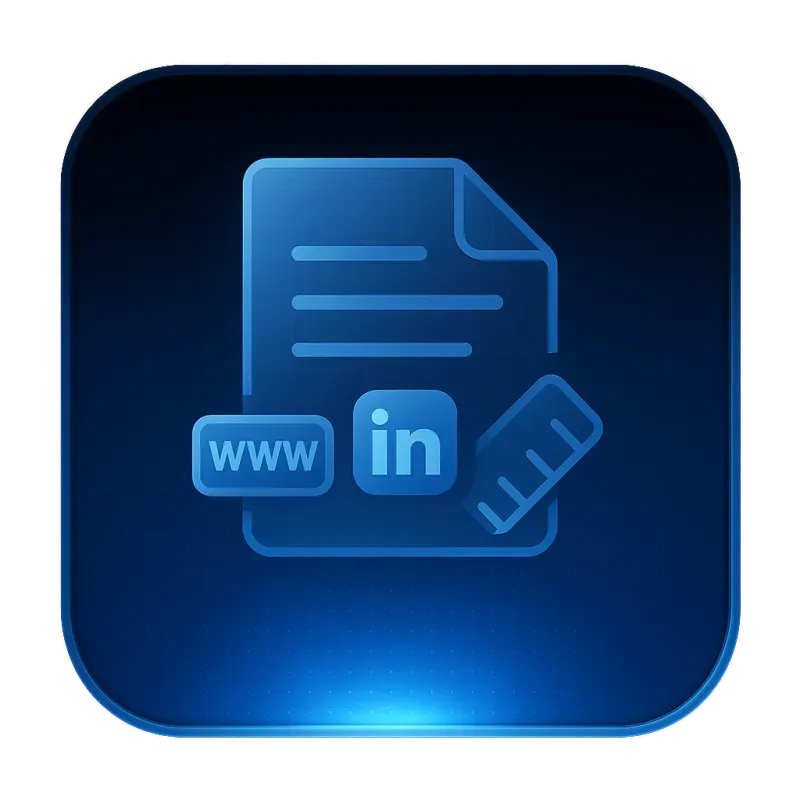 Blaues Symbol mit Dokument, Lineal und den Icons WWW und LinkedIn
