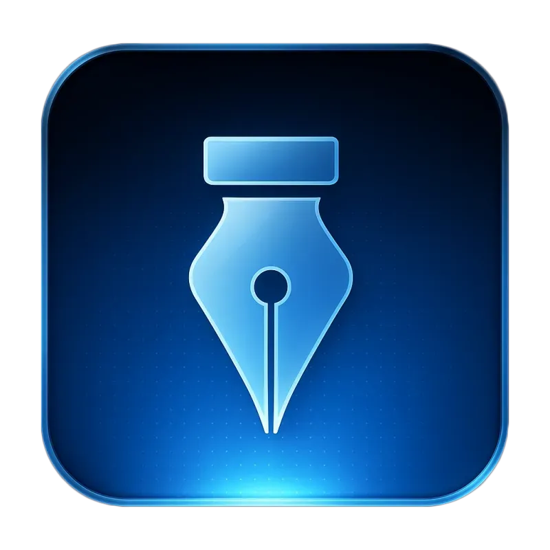 Blaues quadratisches Symbol mit stilisierter Federkiel-Spitze