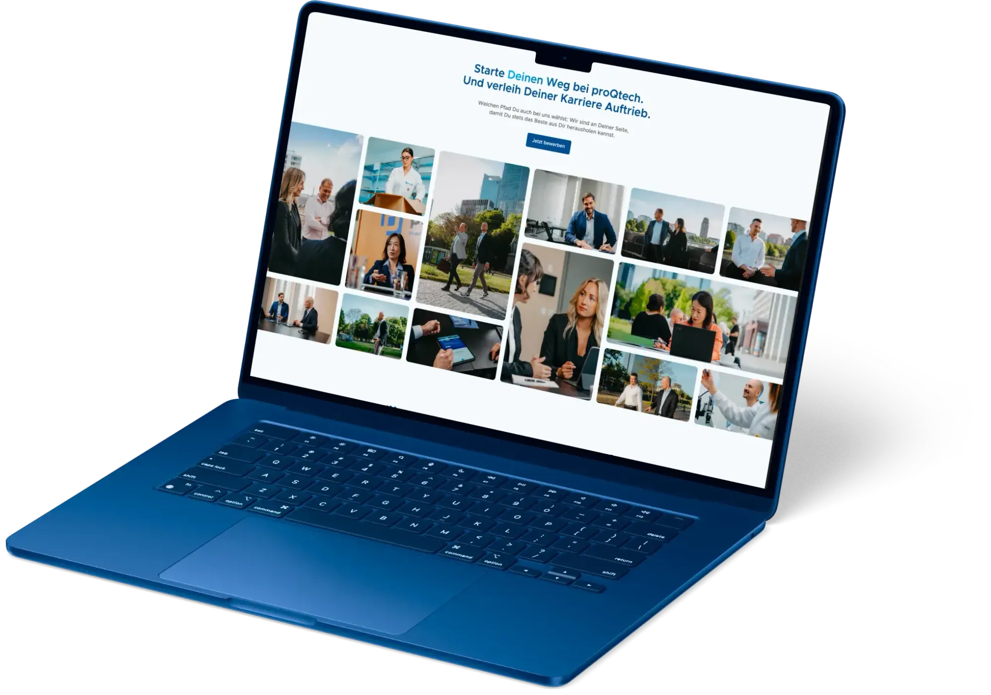 Blauer Laptop zeigt eine Karriereseite mit Fotos von Menschen bei der Arbeit und im Gespraech.