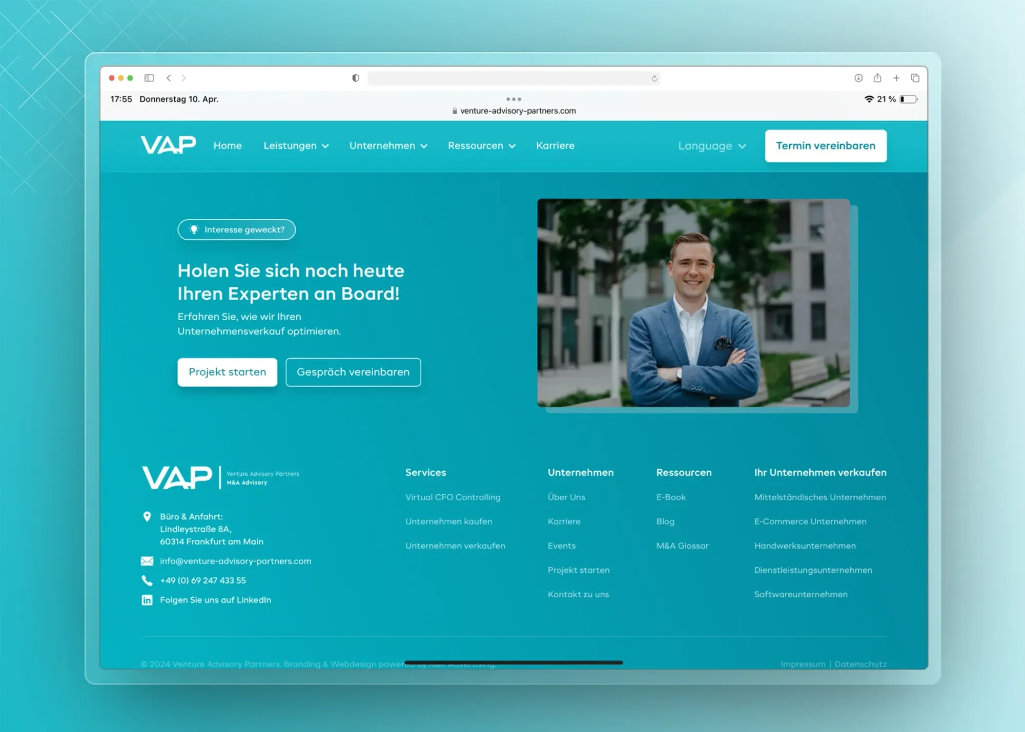Venture Advisory Partners GmbH Unterseite – detailliertes UI-Design von Klein & Rose