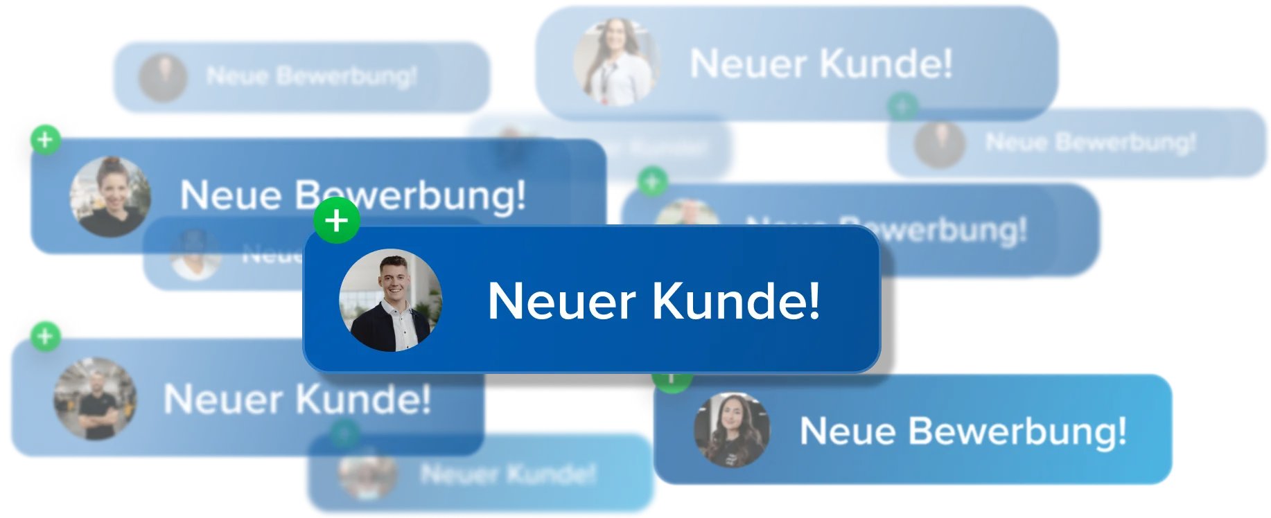 Several blue notification boxes with profile pictures and the texts 'New application!' and 'New customer!' (in German).