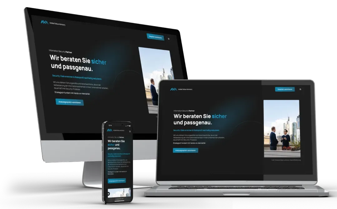 Added Value Advisory website on desktop, laptop and smartphone – responsive