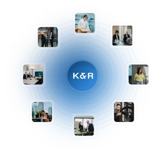 K&R logo surrounded by seven photos of people at work
