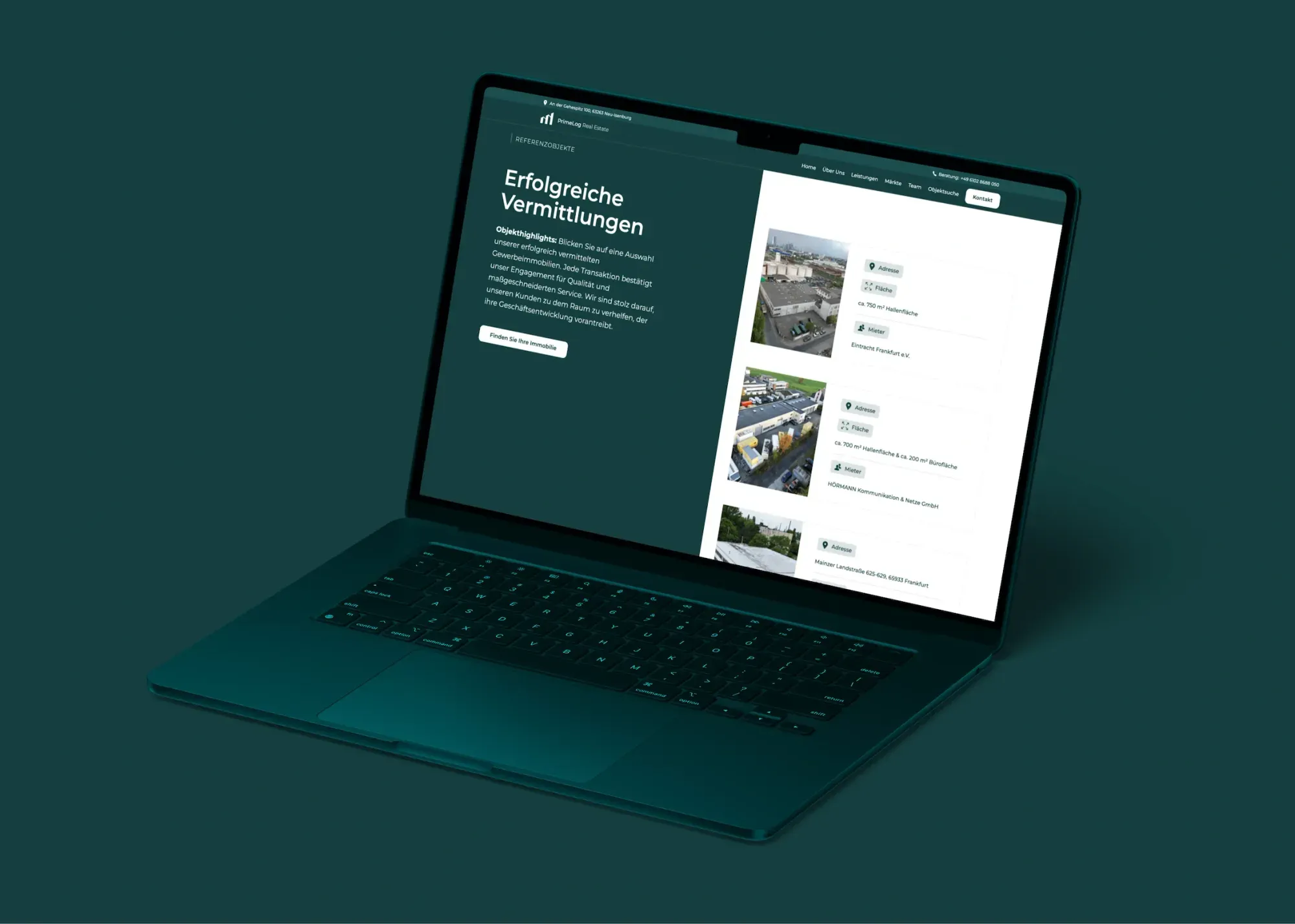 PrimeLog Real Estate GmbH Unterseite – detailliertes UI-Design von Klein & Rose