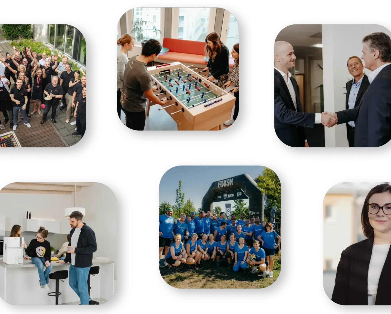 K&R Team-Collage: Gruppenfoto, Tischfussball, Handschlag, Lauf-Event