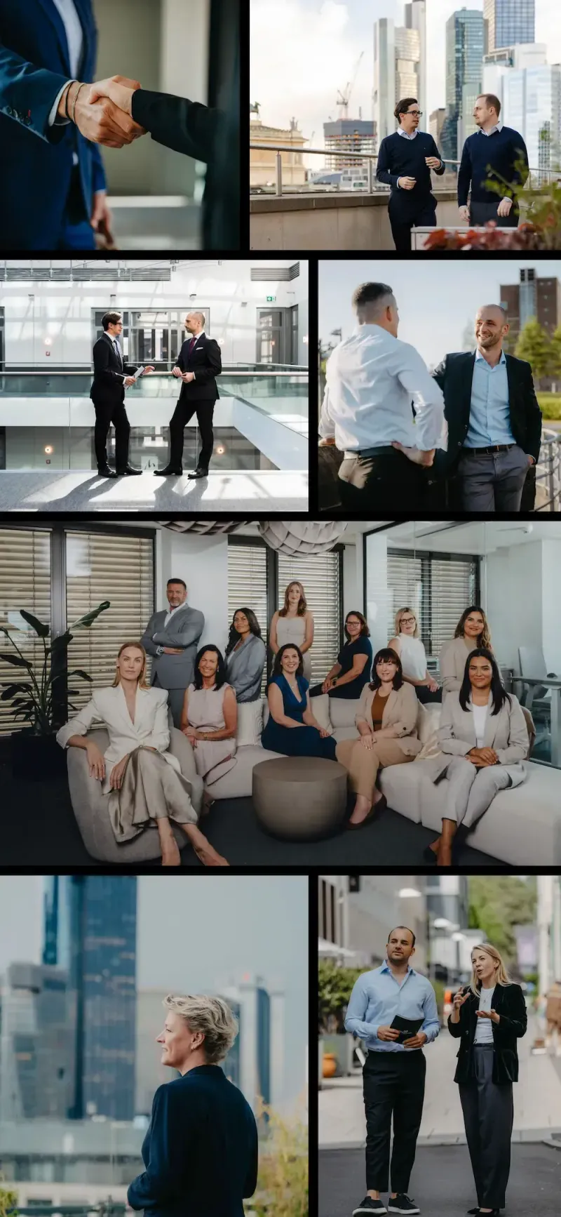 Collage of business people shaking hands, talking and posing in a modern office