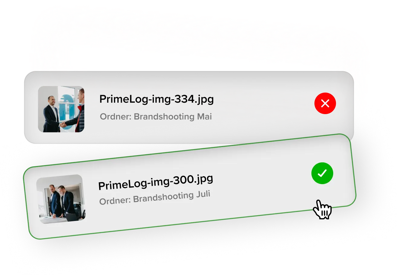 Image selection tool: PrimeLog photo rejected (red) and approved (green)