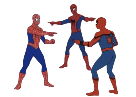 Three Spider-Man figures pointing at each other with outstretched fingers