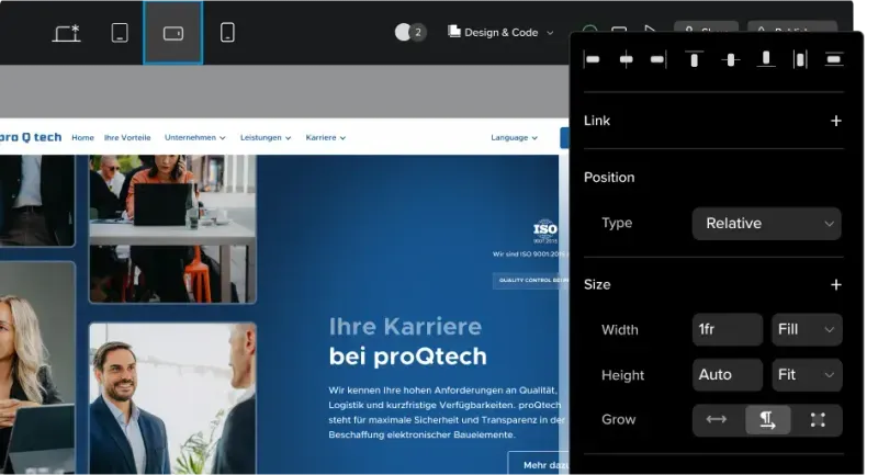 Web design tool: responsive breakpoints and the proQtech career page