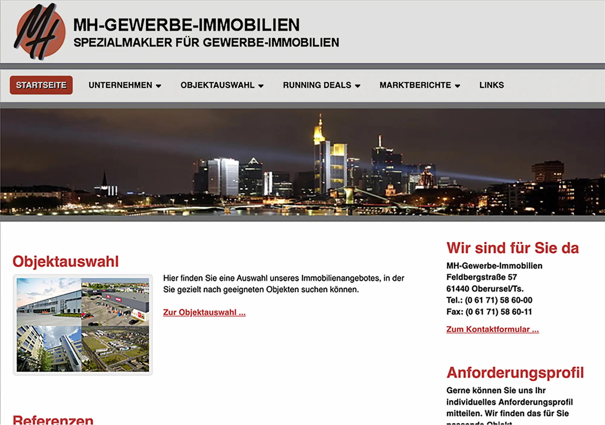 Homepage of the MH Gewerbe-Immobilien website with night-sky skyline, navigation, property overview and contact details.