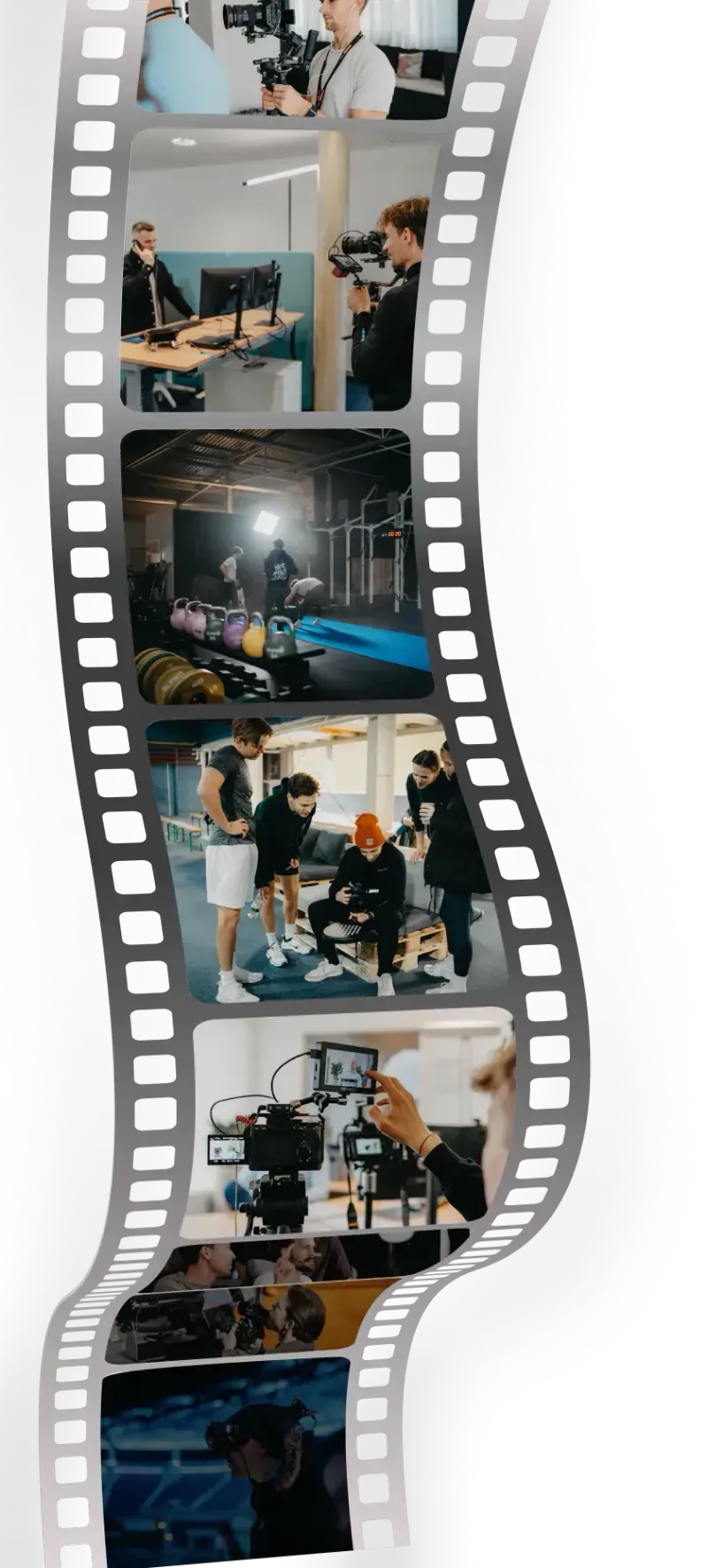 Film strip collage: video footage and fitness scenes from K&R productions