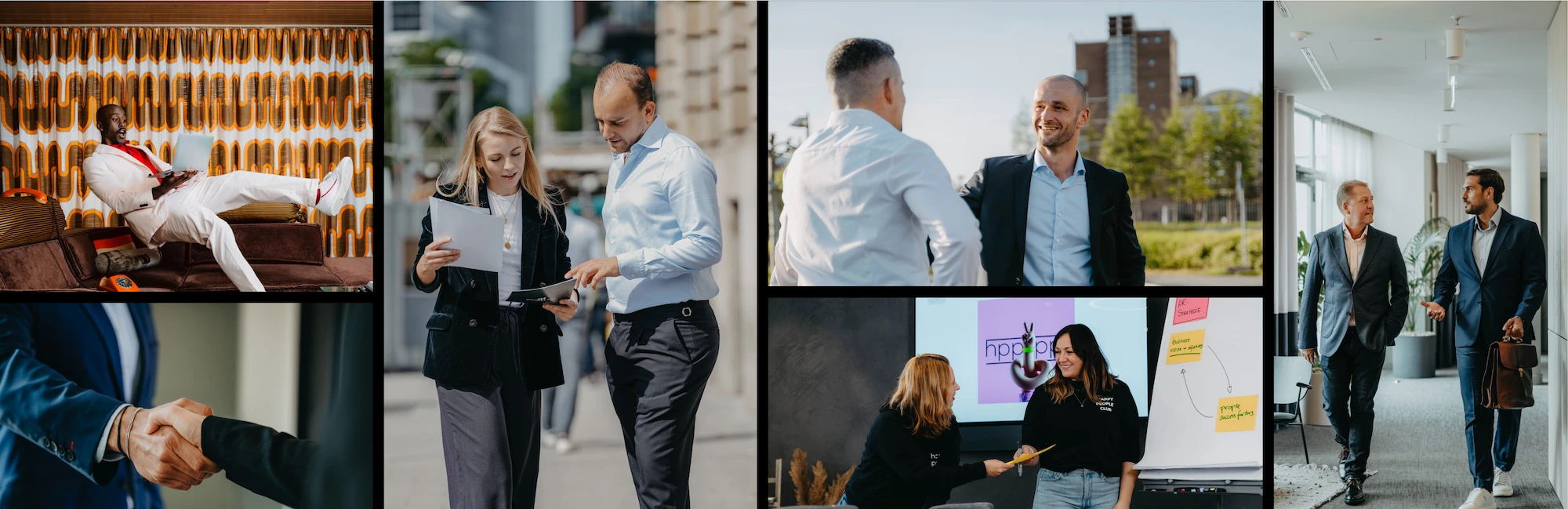 Collage of business situations: meeting, handshake, teamwork at the flip chart