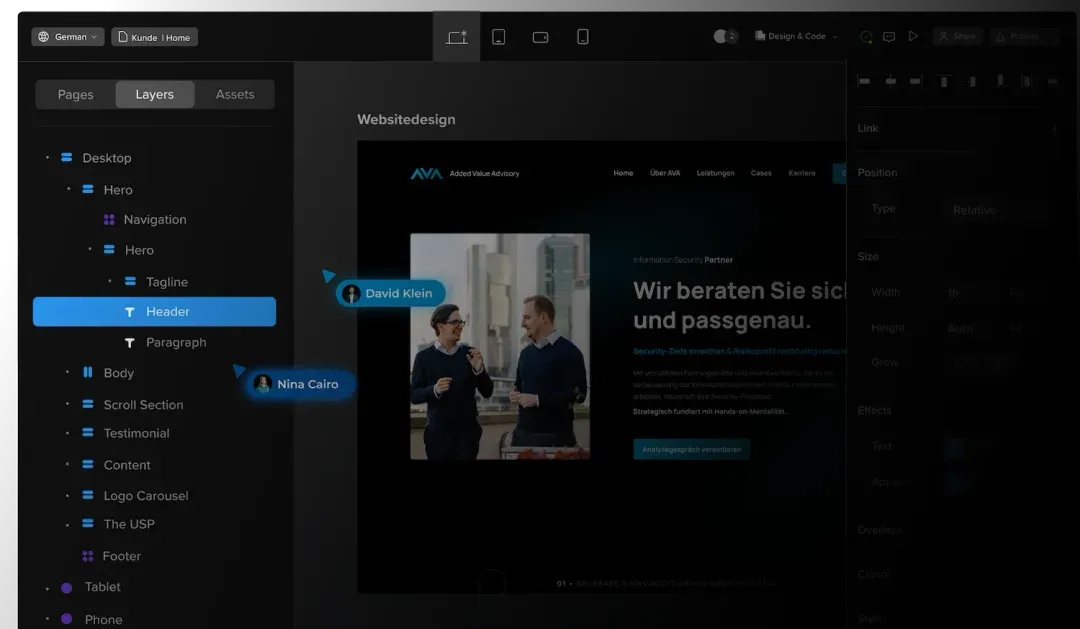 Webflow Designer: Website-Entwicklung fuer Added Value Advisory