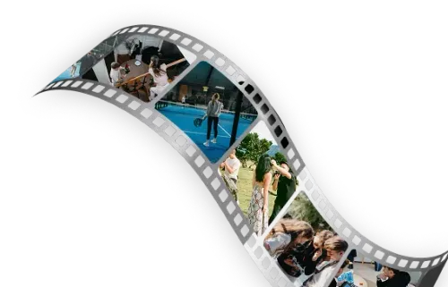 Film strip with scenes: food, padel tennis, meetings and smartphone