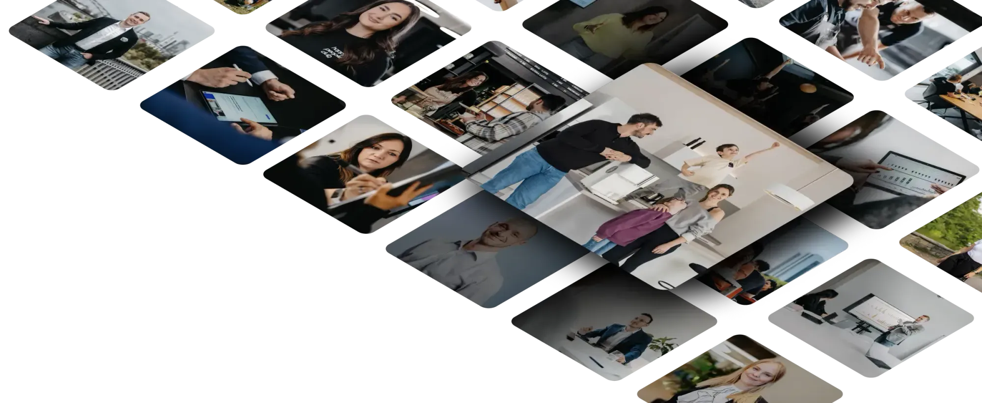 Collage of business photo shoots: portraits, teams and products