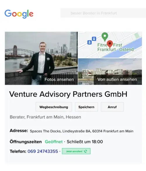 Google Business Profile: VAP GmbH Frankfurt with location map and photo
