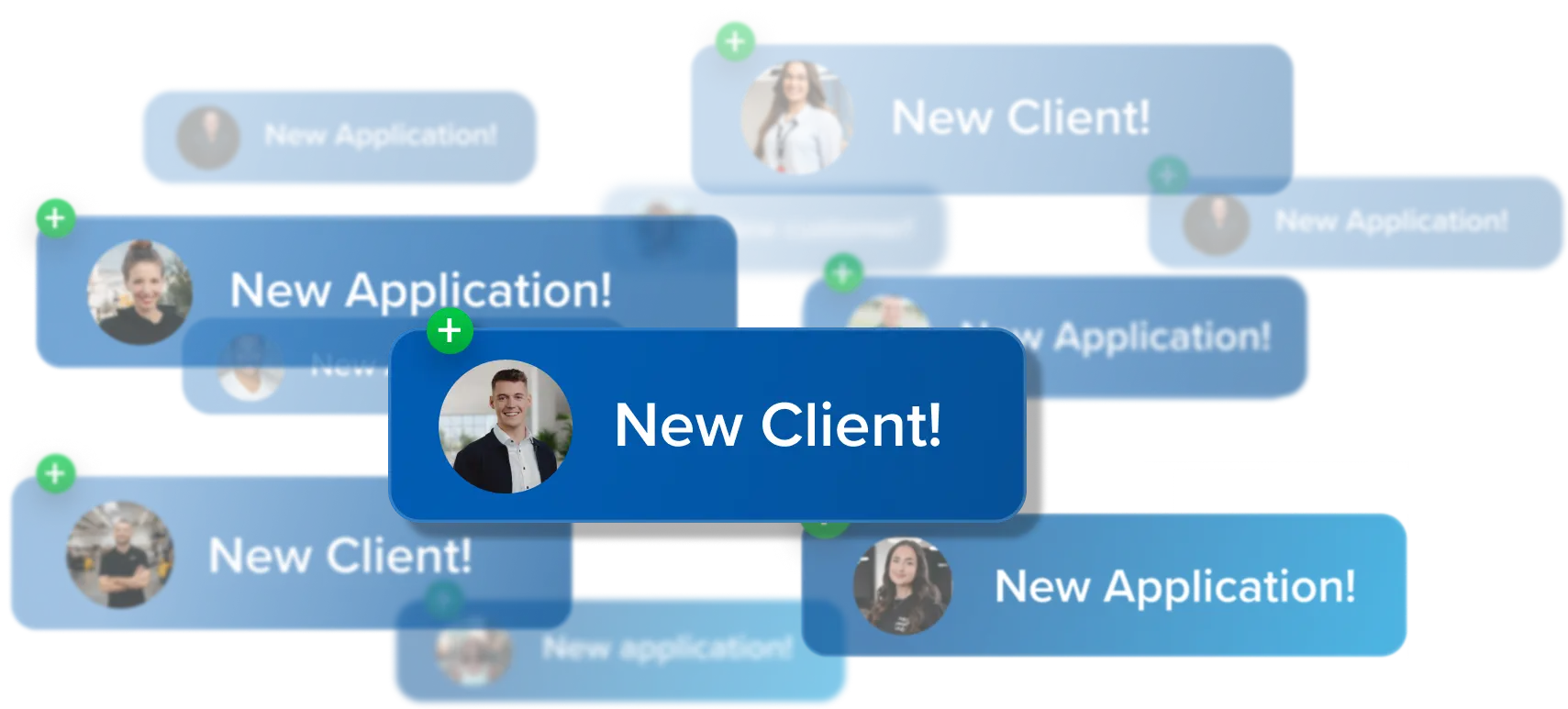 Blue notifications with profile pictures and texts such as "New customer!" and "New application!".